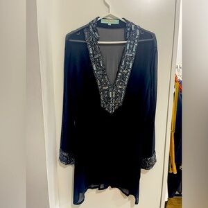 Kareena’s black silk top with beating at cuffs and all along collar.